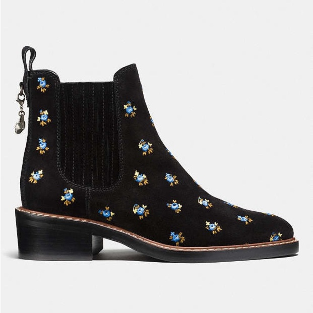 COACH Bowery Chelsea boots NEW size 5 black suede /leather / floral